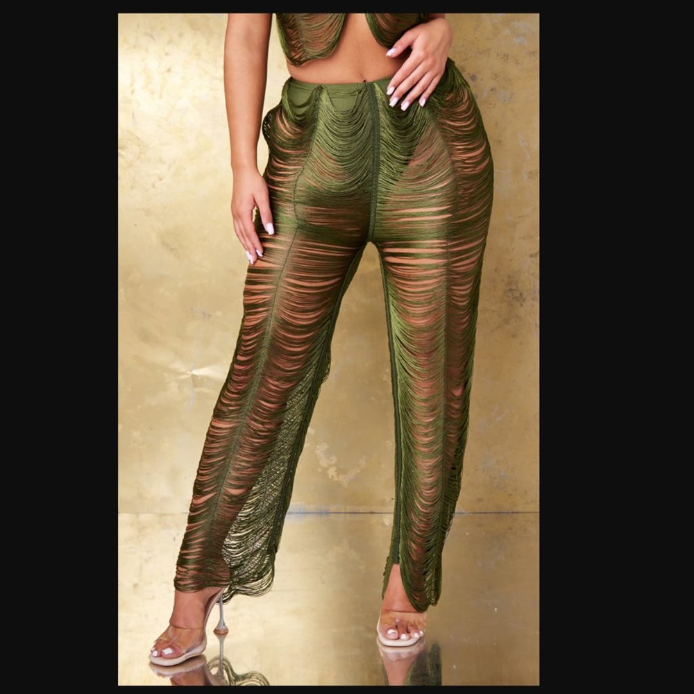 Pretty Little Thing Green Fringe Pants